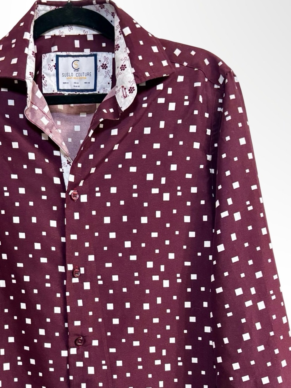 Suslo Couture Burgundy Square Print Slim Fit Shirt M - Picture 5 of 13